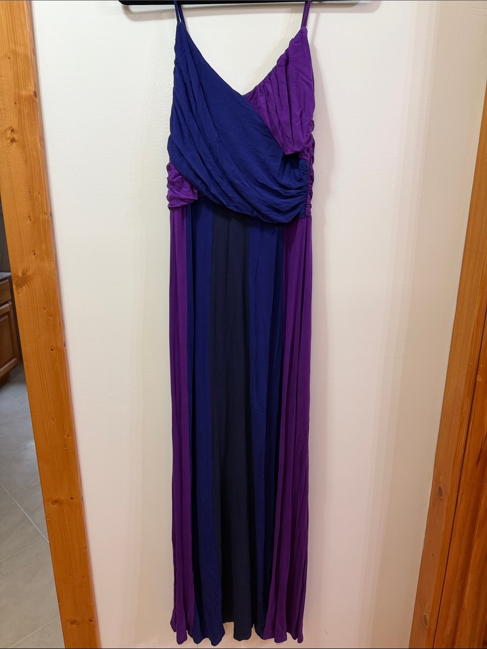 Boston Proper. Purple & Navy Maxi Dress with Draped Bodice. Size Medium